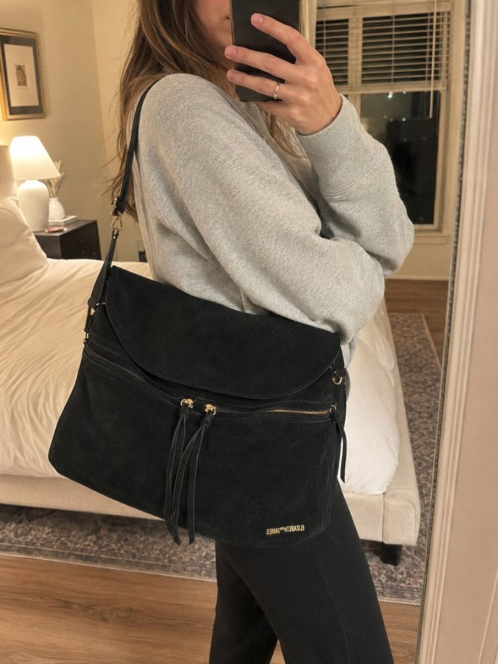 Elizabeth and James James Black Suede Crossbody Hobo Bag